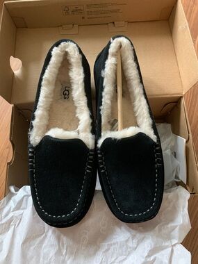 UGG Black Suede Shearling-Trim Moccasin Slippers